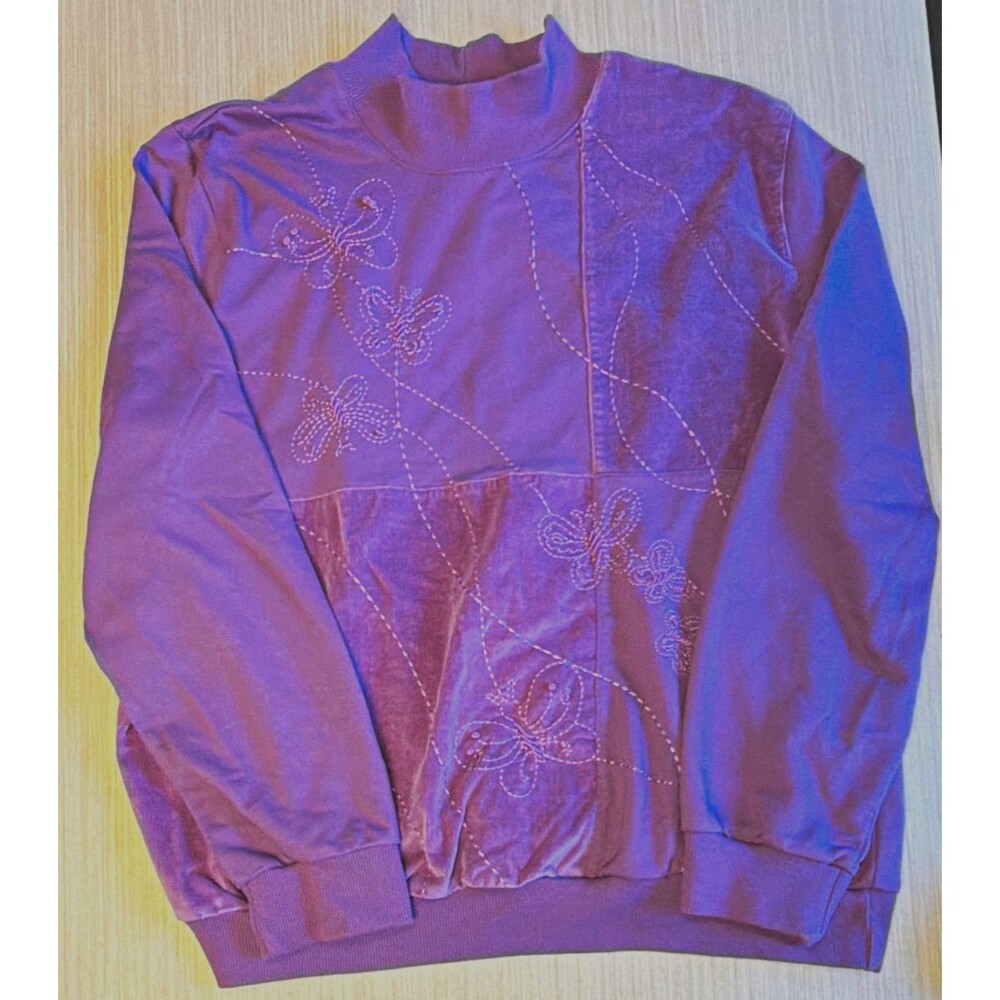 Alfred Dunner Women L Purple Mock Neck Granny Embroidered Butterfly Sweatshirt